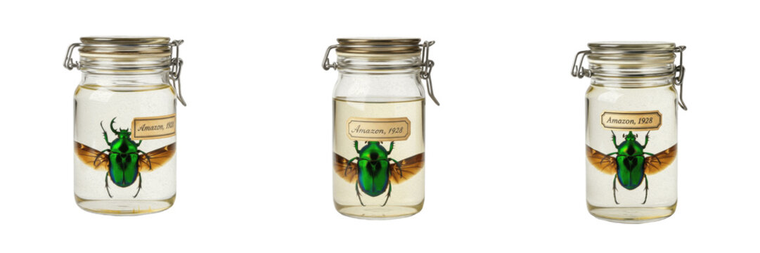 Set and collection of vintage apothecary specimen jars with green scarab beetles preserved in liquid isolated on white transparent png background