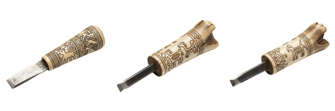 Set and collection of luxury vintage silver chisels with intricate floral filigree engravings and antique Victorian metalwork isolated on white transparent png background