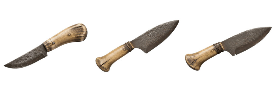 Set and collection of luxury vintage hunting knives with damascus steel blades and carved bone handles isolated on white transparent png background
