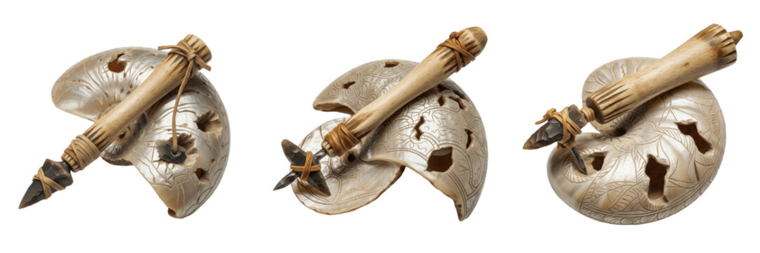 Set and collection of ancient prehistoric bone tools and carved seashell artifacts with stone arrowheads isolated on white transparent png background