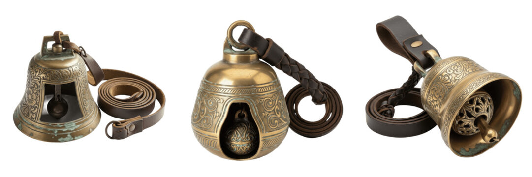 Set and collection of antique brass bells with leather straps vintage decorative metal hand bells and ornate engraved patterns isolated on white transparent png background