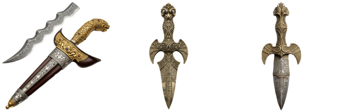 Set and collection of antique ornamental daggers with wavy blades decorative hilts and engraved metal sheaths isolated on white transparent png background
