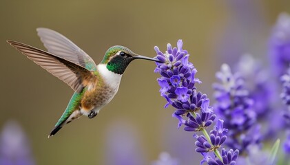 Fototapeta premium Hummingbird and Lavender in Harmony: A stunning ruby-throated hummingbird, showcasing its vibrant feathers, gracefully sips nectar from a fragrant lavender flower.