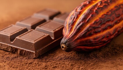 Chocolate Bar and Cacao Pod: A tantalizing close-up of a rich chocolate bar alongside a raw cacao pod, offering a glimpse into the source of this delectable treat.