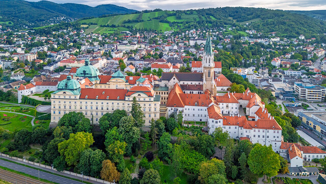 Aerial view on Klosterneuburg in the Tulln District of the Austrian state of Lower Austria with the Stift Klosterneuburg (Klosterneuburg Monastery), Austria
