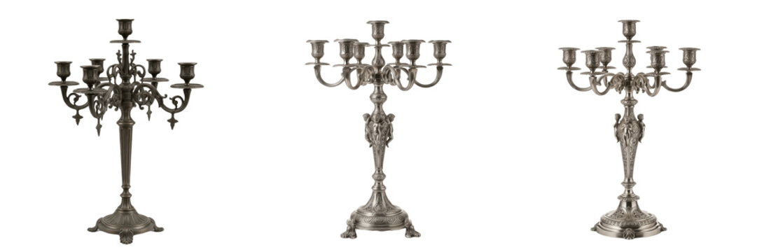 Set and collection of antique silver candelabras and ornate vintage candle holders with multiple arms isolated on white transparent png background