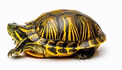 Fototapeta premium Turtle on the move: A solitary turtle, its shell adorned with an intricate pattern of yellow and brown, journeys onward with quiet determination.