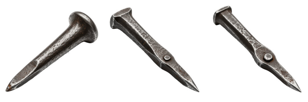 Set and collection of vintage wrought iron nails and antique blacksmith forged metal spikes isolated on white transparent png background