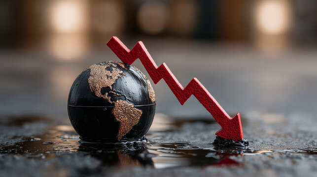 Global Downturn: A symbolic representation of the global economy's decline, depicting the Earth sinking beneath a red downturn arrow, symbolizing crisis and concern. 