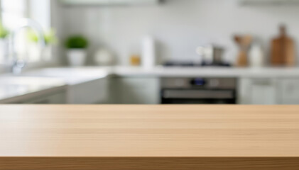 Modern Kitchen Wooden Table: A warm, inviting wooden table takes center stage in this image, with a blurred backdrop of a contemporary kitchen showcasing sleek design and a sense of openness.