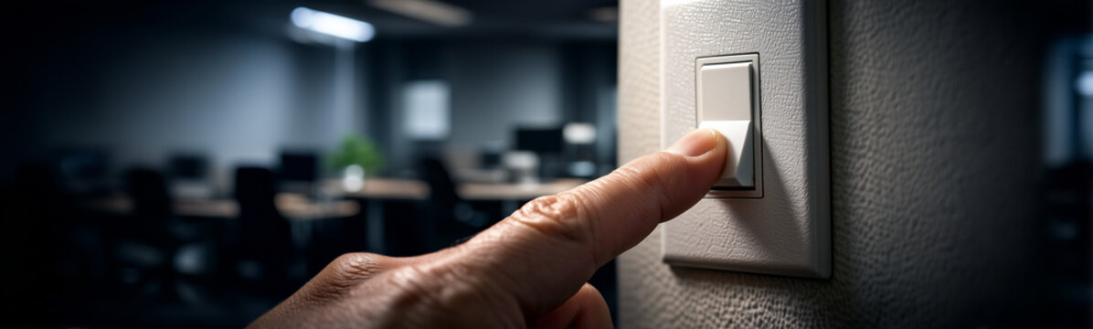 Light Switch Moment: A hand reaches to turn off a light switch in a dim office, illustrating moments of shutting off, conserving energy and ending a working day.