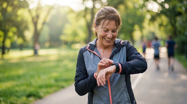 Active Senior Woman Checking Health Data on Smartwatch .