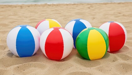 Obraz premium Colorful Beach Balls on Sandy Shore: A vibrant collection of striped beach balls rests on a sun-kissed sandy shore, evoking memories of playful summer days and seaside fun. 