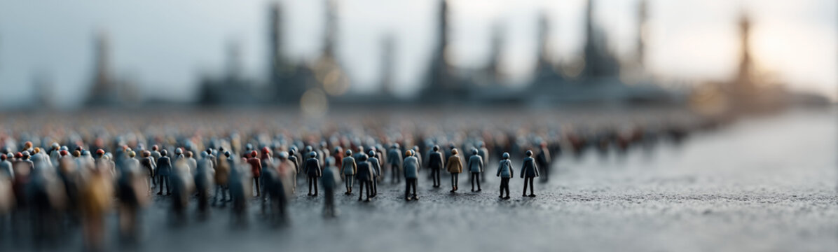 The March of Technology: A blurred and artistic perspective of countless miniature figures in a line symbolizes the relentless march of technological evolution.