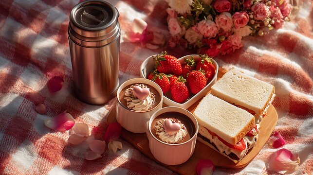 A dreamy, sun-dappled picnic scene captured in warm, golden-hour light, featuring a charming spread arranged on a soft pink-and-white checkered blanket scattered with delicate rose petals. At the cent