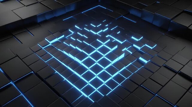 A dark, cube-filled surface with glowing blue lines creating a diamond-like pattern