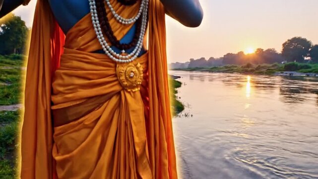 Lord Krishna playing flute by the river at sunset