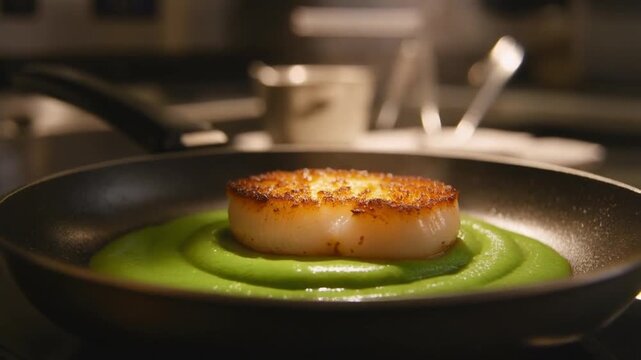 A perfectly seared, golden-brown scallop sits atop a swirl of vibrant green pea puree in a pan