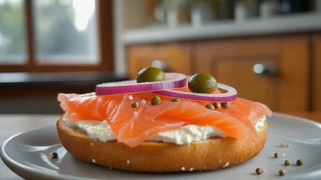 Close-up of hands arranging olives on a bagel topped with smoked fish and onion rings