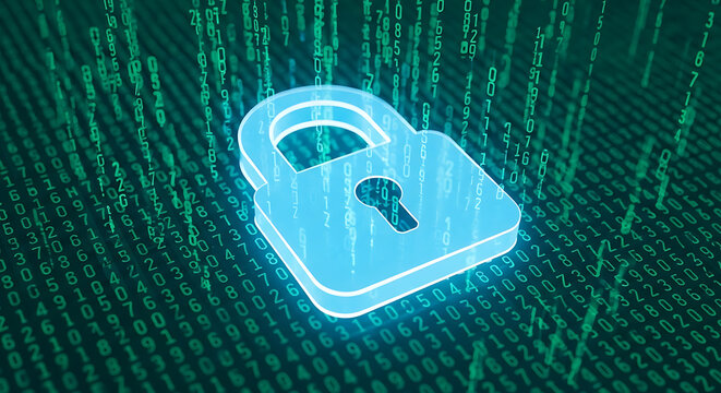 A glowing padlock over a matrix of green binary code representing data security concept ai generated