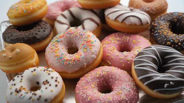 A close-up shot of a variety of donuts, each with different toppings and frosting colors