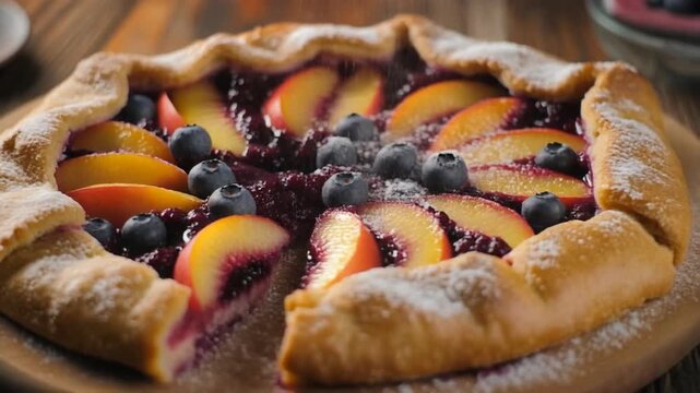 A baked pastry, filled with fruit, covered with a dusting of powdered sugar, and sitting on wood