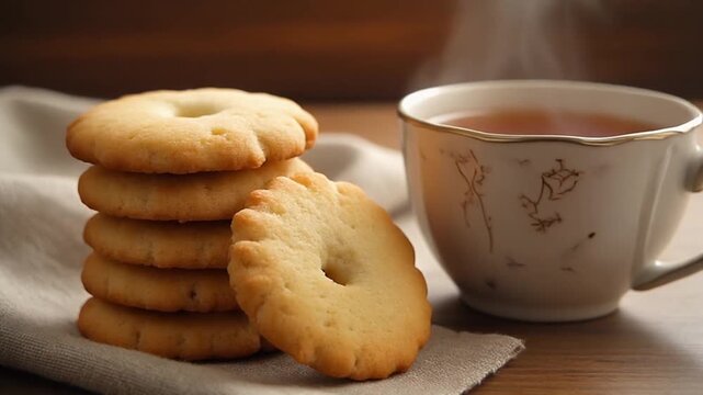 Stacked ring-shaped cookies alongside a cup of hot beverage, evoking a cozy and inviting atmosphere