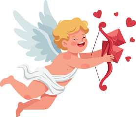 Cute Cupid Angel Holding Bow and Arrows with Hearts Vector