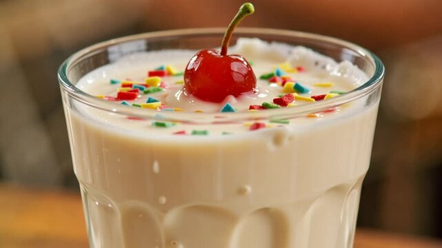 A creamy beverage in a fluted glass, topped with a cherry and colorful sprinkles