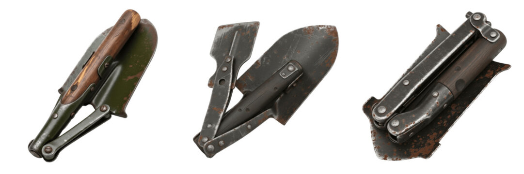 Set of vintage military folding shovels and antique entrenching tools collection isolated on white transparent png background