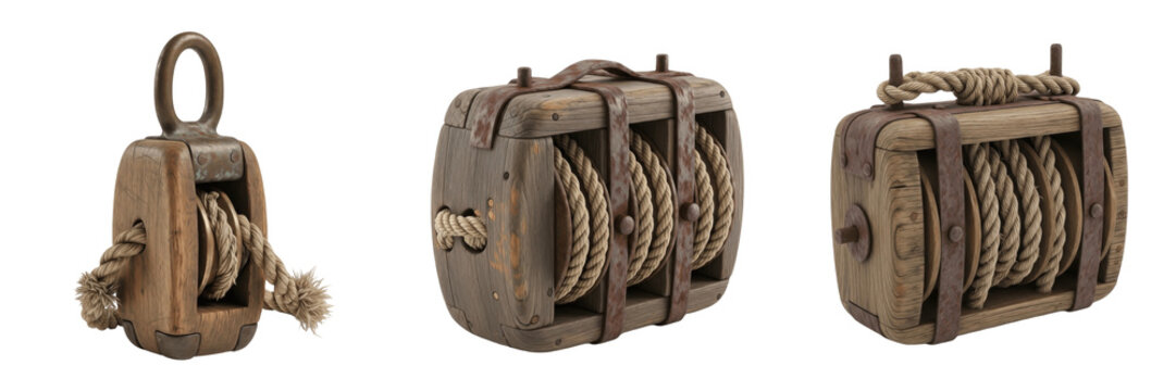 Set of vintage nautical wooden pulley collection and antique maritime block and tackle with hemp rope isolated on white transparent png background
