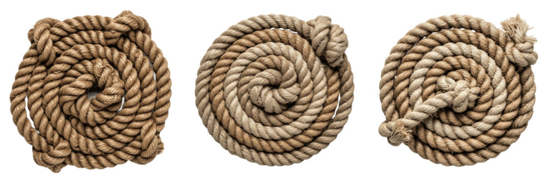 Set of vintage nautical rope coils collection and antique twisted hemp cable rolls isolated on white transparent png background