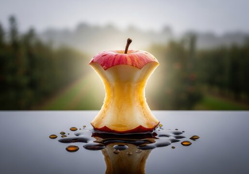 Abstract glowing apple core on a reflective surface with orchard background