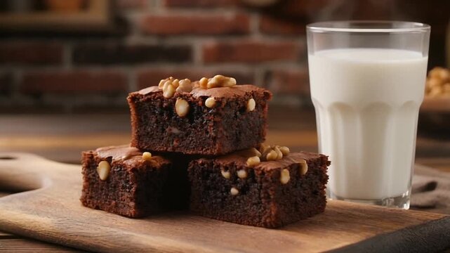 Stacked chocolate brownies with walnuts, beside a glass of milk on a wooden cutting board
