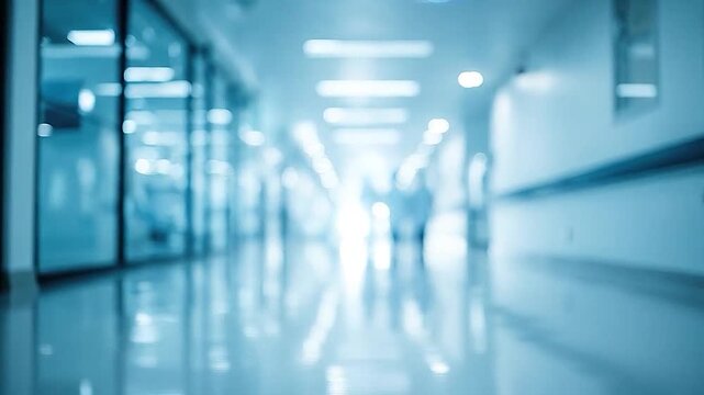 Blurred figures walk through a long, sterile hospital corridor with bright