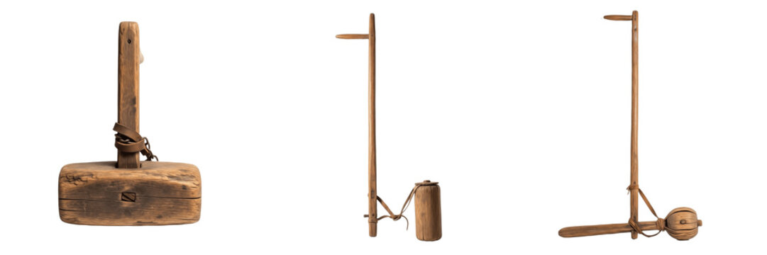 Set and collection of vintage wooden mallet and manual water well pump tools, ancient rustic wood hammer and traditional hand-operated equipment isolated on white transparent png background