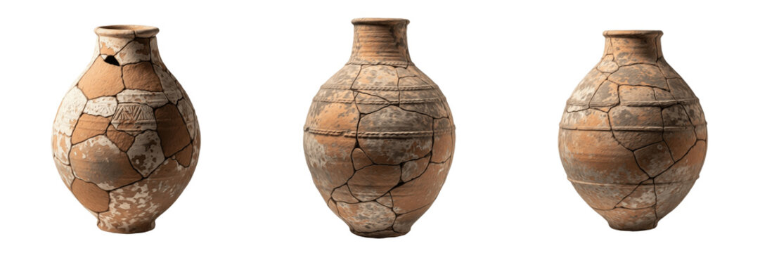 Set and collection of ancient clay pots, broken old ceramic jars, archaeological artifact vessels, antique pottery pottery from history isolated on white transparent png background