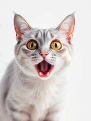 Obraz premium Lilac British cat with wide, startled eyes and open mouth, a look of pure amazement on its face, stark white backdrop, shocked cat, white background