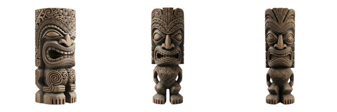 Set and collection of traditional wooden tiki statues and Polynesian tribal totem carvings isolated on white transparent png background