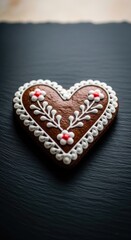 Obraz premium Delicate heart-shaped gingerbread cookie with intricate white icing and floral details, a sweet treat for any occasion.