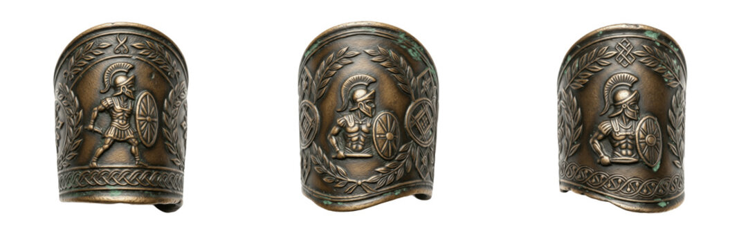 Set and collection of ancient greek gladiator bronze arm guards with spartan warrior relief isolated on white transparent png background