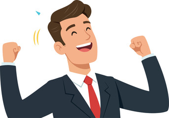 Excited Businessman Celebrating Success in a Dark Suit with Red Tie