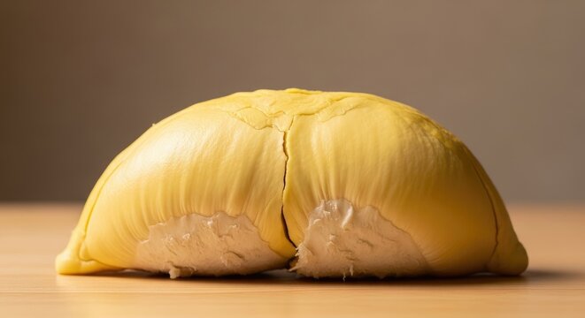 Ripe, creamy durian flesh with a distinctive textured rind, ready to enjoy.