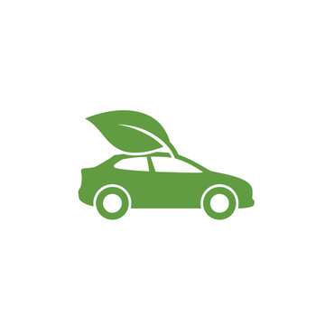 A vibrant green car icon with a stylized leaf integrated into its design, symbolizing ecological transportation, sustainable mobility, and environmentally conscious automotive solutions