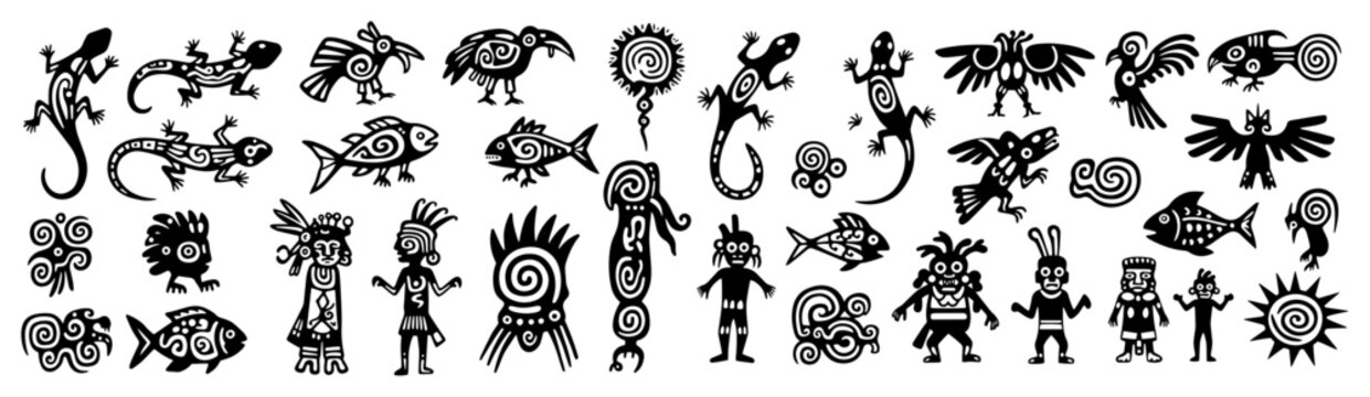Tribal ethnic symbols and folk art characters set, ancient indigenous petroglyphs and animal silhouettes vector icons