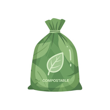 A compostable bag with green leaf patterns, symbolizing eco-friendly waste disposal and organic recycling. This bag is designed for environmental protection and sustainability