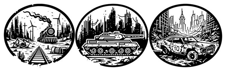 Post-apocalyptic war scenes set in circles, tank in ruined city and locomotive in wasteland woodcut style vector © Luka