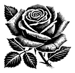 Rose flower blooming in woodcut style, vintage engraving floral illustration for tattoo or decoration