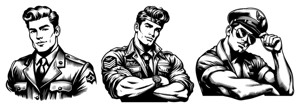 Handsome men in military and pilot uniforms portraits set, masculine male characters in retro comic book style vector illustrations