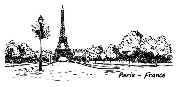 Paris France city skyline sketch with Eiffel Tower, romantic landscape with trees and park line art vector illustration